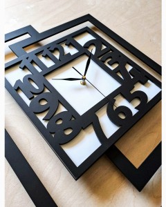 DUŻY, NOWOCZESNY ZEGAR ŚCIENNY,GEOMETRYCZNY, DO SALONU, MINIMALISTYCZNY, LOFT, HANDMADE, DREWNO, CZARNO - BIAŁY,44 x 56 cm