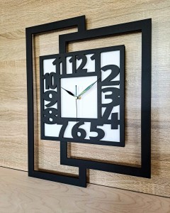 DUŻY, NOWOCZESNY ZEGAR ŚCIENNY,GEOMETRYCZNY, DO SALONU, MINIMALISTYCZNY, LOFT, HANDMADE, DREWNO, CZARNO - BIAŁY,44 x 56 cm