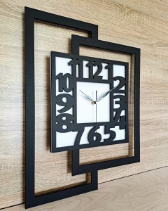 DUŻY, NOWOCZESNY ZEGAR ŚCIENNY,GEOMETRYCZNY, DO SALONU, MINIMALISTYCZNY, LOFT, HANDMADE, DREWNO, CZARNO - BIAŁY,44 x 56 cm