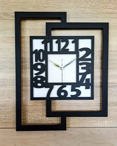 DUŻY, NOWOCZESNY ZEGAR ŚCIENNY,GEOMETRYCZNY, DO SALONU, MINIMALISTYCZNY, LOFT, HANDMADE, DREWNO, CZARNO - BIAŁY,44 x 56 cm