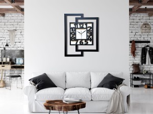 DUŻY, NOWOCZESNY ZEGAR ŚCIENNY,GEOMETRYCZNY, DO SALONU, MINIMALISTYCZNY, LOFT, HANDMADE, DREWNO, CZARNO - BIAŁY,44 x 56 cm