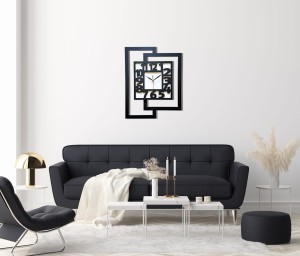 DUŻY, NOWOCZESNY ZEGAR ŚCIENNY,GEOMETRYCZNY, DO SALONU, MINIMALISTYCZNY, LOFT, HANDMADE, DREWNO, CZARNO - BIAŁY,44 x 56 cm