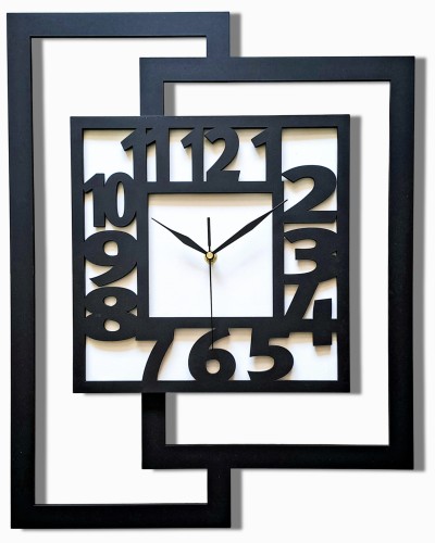 DUŻY, NOWOCZESNY ZEGAR ŚCIENNY,GEOMETRYCZNY, DO SALONU, MINIMALISTYCZNY, LOFT, HANDMADE, DREWNO, CZARNO - BIAŁY,44 x 56 cm