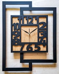 DUŻY, NOWOCZESNY, DEKORACYJNY INDUSTRIALNY ZEGAR ŚCIENNY,GEOMETRYCZNY, DO SALONU, MINIMALISTYCZNY, LOFT, HANDMADE, DREWNIANY, CZARNY/ DĄB ZŁOTY, 44 x 56 cm, CICHY 