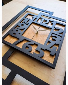 DUŻY, NOWOCZESNY, DEKORACYJNY INDUSTRIALNY ZEGAR ŚCIENNY,GEOMETRYCZNY, DO SALONU, MINIMALISTYCZNY, LOFT, HANDMADE, DREWNIANY, CZARNY/ DĄB ZŁOTY, 44 x 56 cm, CICHY 