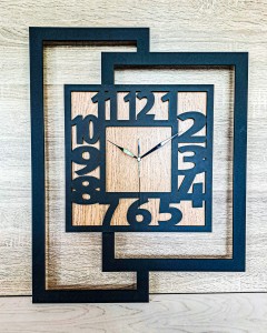 DUŻY, NOWOCZESNY, DEKORACYJNY INDUSTRIALNY ZEGAR ŚCIENNY,GEOMETRYCZNY, DO SALONU, MINIMALISTYCZNY, LOFT, HANDMADE, DREWNIANY, CZARNY/ DĄB ZŁOTY, 44 x 56 cm, CICHY 