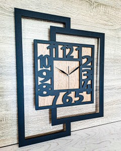 DUŻY, NOWOCZESNY, DEKORACYJNY INDUSTRIALNY ZEGAR ŚCIENNY,GEOMETRYCZNY, DO SALONU, MINIMALISTYCZNY, LOFT, HANDMADE, DREWNIANY, CZARNY/ DĄB ZŁOTY, 44 x 56 cm, CICHY 