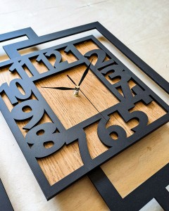 DUŻY, NOWOCZESNY, DEKORACYJNY INDUSTRIALNY ZEGAR ŚCIENNY,GEOMETRYCZNY, DO SALONU, MINIMALISTYCZNY, LOFT, HANDMADE, DREWNIANY, CZARNY/ DĄB ZŁOTY, 44 x 56 cm, CICHY 