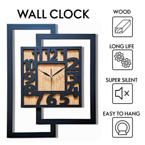 DUŻY, NOWOCZESNY, DEKORACYJNY INDUSTRIALNY ZEGAR ŚCIENNY,GEOMETRYCZNY, DO SALONU, MINIMALISTYCZNY, LOFT, HANDMADE, DREWNIANY, CZARNY/ DĄB ZŁOTY, 44 x 56 cm, CICHY 