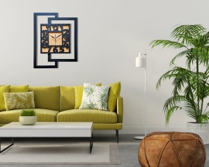 DUŻY, NOWOCZESNY, DEKORACYJNY INDUSTRIALNY ZEGAR ŚCIENNY,GEOMETRYCZNY, DO SALONU, MINIMALISTYCZNY, LOFT, HANDMADE, DREWNIANY, CZARNY/ DĄB ZŁOTY, 44 x 56 cm, CICHY 