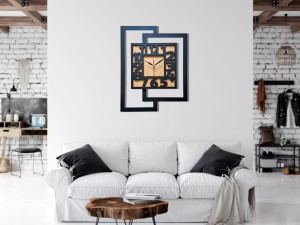 DUŻY, NOWOCZESNY, DEKORACYJNY INDUSTRIALNY ZEGAR ŚCIENNY,GEOMETRYCZNY, DO SALONU, MINIMALISTYCZNY, LOFT, HANDMADE, DREWNIANY, CZARNY/ DĄB ZŁOTY, 44 x 56 cm, CICHY 