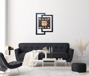 DUŻY, NOWOCZESNY, DEKORACYJNY INDUSTRIALNY ZEGAR ŚCIENNY,GEOMETRYCZNY, DO SALONU, MINIMALISTYCZNY, LOFT, HANDMADE, DREWNIANY, CZARNY/ DĄB ZŁOTY, 44 x 56 cm, CICHY 