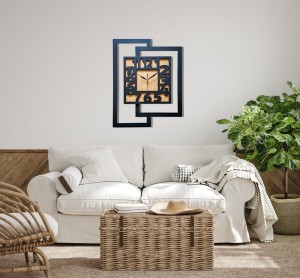 DUŻY, NOWOCZESNY, DEKORACYJNY INDUSTRIALNY ZEGAR ŚCIENNY,GEOMETRYCZNY, DO SALONU, MINIMALISTYCZNY, LOFT, HANDMADE, DREWNIANY, CZARNY/ DĄB ZŁOTY, 44 x 56 cm, CICHY 