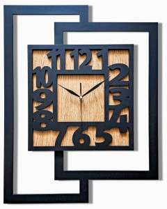 DUŻY, NOWOCZESNY, DEKORACYJNY INDUSTRIALNY ZEGAR ŚCIENNY,GEOMETRYCZNY, DO SALONU, MINIMALISTYCZNY, LOFT, HANDMADE, DREWNIANY, CZARNY/ DĄB ZŁOTY, 44 x 56 cm, CICHY 