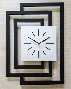 DUŻY, DEKORACYJNY, NOWOCZESNY ZEGAR ŚCIENNY,GEOMETRYCZNY, DO SALONU, MINIMALISTYCZNY, LOFT, HANDMADE, DREWNIANY,CZARNY/ BIAŁY, 43 x 60 cm, CICHY