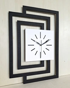 DUŻY, DEKORACYJNY, NOWOCZESNY ZEGAR ŚCIENNY,GEOMETRYCZNY, DO SALONU, MINIMALISTYCZNY, LOFT, HANDMADE, DREWNIANY,CZARNY/ BIAŁY, 43 x 60 cm, CICHY