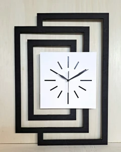 DUŻY, DEKORACYJNY, NOWOCZESNY ZEGAR ŚCIENNY,GEOMETRYCZNY, DO SALONU, MINIMALISTYCZNY, LOFT, HANDMADE, DREWNIANY,CZARNY/ BIAŁY, 43 x 60 cm, CICHY