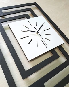 DUŻY, DEKORACYJNY, NOWOCZESNY ZEGAR ŚCIENNY,GEOMETRYCZNY, DO SALONU, MINIMALISTYCZNY, LOFT, HANDMADE, DREWNIANY,CZARNY/ BIAŁY, 43 x 60 cm, CICHY