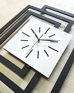 DUŻY, DEKORACYJNY, NOWOCZESNY ZEGAR ŚCIENNY,GEOMETRYCZNY, DO SALONU, MINIMALISTYCZNY, LOFT, HANDMADE, DREWNIANY,CZARNY/ BIAŁY, 43 x 60 cm, CICHY