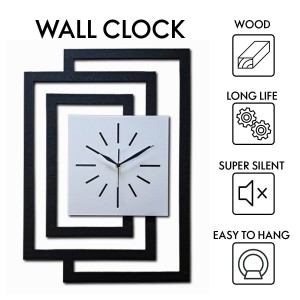 DUŻY, DEKORACYJNY, NOWOCZESNY ZEGAR ŚCIENNY,GEOMETRYCZNY, DO SALONU, MINIMALISTYCZNY, LOFT, HANDMADE, DREWNIANY,CZARNY/ BIAŁY, 43 x 60 cm, CICHY