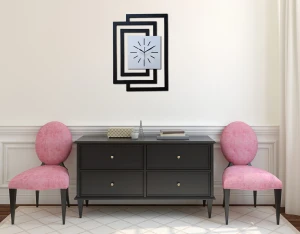 DUŻY, DEKORACYJNY, NOWOCZESNY ZEGAR ŚCIENNY,GEOMETRYCZNY, DO SALONU, MINIMALISTYCZNY, LOFT, HANDMADE, DREWNIANY,CZARNY/ BIAŁY, 43 x 60 cm, CICHY