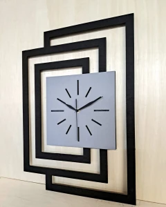 DUŻY, NOWOCZESNY ZEGAR NA ŚCIANĘ,INDUSTRIALNY, GEOMETRYCZNY, DO SALONU, MINIMALISTYCZNY, LOFT, HANDMADE, Z DREWNA, CZARNY/ SZARY, 43 x 60 cm, CICHY