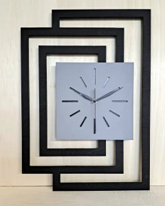 DUŻY, NOWOCZESNY ZEGAR NA ŚCIANĘ,INDUSTRIALNY, GEOMETRYCZNY, DO SALONU, MINIMALISTYCZNY, LOFT, HANDMADE, Z DREWNA, CZARNY/ SZARY, 43 x 60 cm, CICHY
