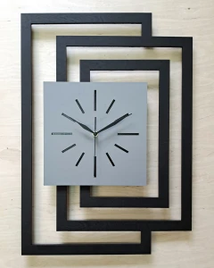 DUŻY, NOWOCZESNY ZEGAR NA ŚCIANĘ,INDUSTRIALNY, GEOMETRYCZNY, DO SALONU, MINIMALISTYCZNY, LOFT, HANDMADE, Z DREWNA, CZARNY/ SZARY, 43 x 60 cm, CICHY