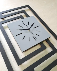 DUŻY, NOWOCZESNY ZEGAR NA ŚCIANĘ,INDUSTRIALNY, GEOMETRYCZNY, DO SALONU, MINIMALISTYCZNY, LOFT, HANDMADE, Z DREWNA, CZARNY/ SZARY, 43 x 60 cm, CICHY