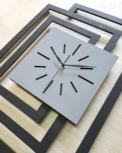 DUŻY, NOWOCZESNY ZEGAR NA ŚCIANĘ,INDUSTRIALNY, GEOMETRYCZNY, DO SALONU, MINIMALISTYCZNY, LOFT, HANDMADE, Z DREWNA, CZARNY/ SZARY, 43 x 60 cm, CICHY