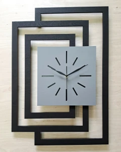 DUŻY, NOWOCZESNY ZEGAR NA ŚCIANĘ,INDUSTRIALNY, GEOMETRYCZNY, DO SALONU, MINIMALISTYCZNY, LOFT, HANDMADE, Z DREWNA, CZARNY/ SZARY, 43 x 60 cm, CICHY
