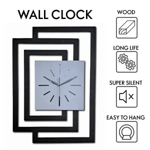 DUŻY, NOWOCZESNY ZEGAR NA ŚCIANĘ,INDUSTRIALNY, GEOMETRYCZNY, DO SALONU, MINIMALISTYCZNY, LOFT, HANDMADE, Z DREWNA, CZARNY/ SZARY, 43 x 60 cm, CICHY