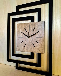 DUŻY, NOWOCZESNY OZDOBNY ZEGAR ŚCIENNY, INDUSTRIALNY, GEOMETRYCZNY, DO SALONU, MINIMALISTYCZNY, LOFT, HANDMADE, DREWNIANY, CZARNY/ DĄB SONOMA, CICHY