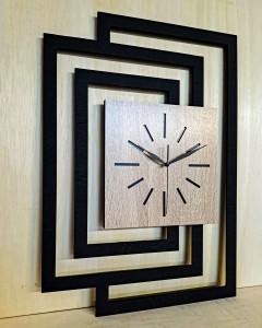 DUŻY, NOWOCZESNY OZDOBNY ZEGAR ŚCIENNY, INDUSTRIALNY, GEOMETRYCZNY, DO SALONU, MINIMALISTYCZNY, LOFT, HANDMADE, DREWNIANY, CZARNY/ DĄB SONOMA, CICHY