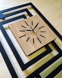 DUŻY, NOWOCZESNY OZDOBNY ZEGAR ŚCIENNY, INDUSTRIALNY, GEOMETRYCZNY, DO SALONU, MINIMALISTYCZNY, LOFT, HANDMADE, DREWNIANY, CZARNY/ DĄB SONOMA, CICHY