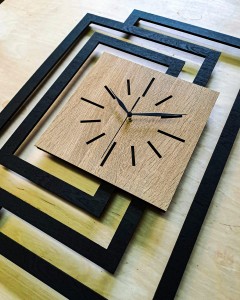 DUŻY, NOWOCZESNY OZDOBNY ZEGAR ŚCIENNY, INDUSTRIALNY, GEOMETRYCZNY, DO SALONU, MINIMALISTYCZNY, LOFT, HANDMADE, DREWNIANY, CZARNY/ DĄB SONOMA, CICHY