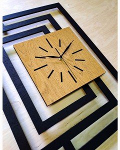 DUŻY, NOWOCZESNY, OZDOBNY ZEGAR ŚCIENNY, INDUSTRIALNY, GEOMETRYCZNY, DO SALONU, MINIMALISTYCZNY, LOFT, HANDMADE, DREWNIANY, CZARNY/ DĄB ZŁOTY, CICHY