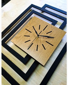 DUŻY, NOWOCZESNY, OZDOBNY ZEGAR ŚCIENNY, INDUSTRIALNY, GEOMETRYCZNY, DO SALONU, MINIMALISTYCZNY, LOFT, HANDMADE, DREWNIANY, CZARNY/ DĄB ZŁOTY, CICHY