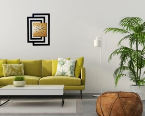 DUŻY, NOWOCZESNY, OZDOBNY ZEGAR ŚCIENNY, INDUSTRIALNY, GEOMETRYCZNY, DO SALONU, MINIMALISTYCZNY, LOFT, HANDMADE, DREWNIANY, CZARNY/ DĄB ZŁOTY, CICHY