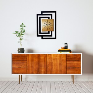 DUŻY, NOWOCZESNY, OZDOBNY ZEGAR ŚCIENNY, INDUSTRIALNY, GEOMETRYCZNY, DO SALONU, MINIMALISTYCZNY, LOFT, HANDMADE, DREWNIANY, CZARNY/ DĄB ZŁOTY, CICHY