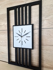 DUŻY, DEKORACYJNY, NOWOCZESNY ZEGAR ŚCIENNY, LAMELE, GEOMETRYCZNY, DO SALONU, MINIMALISTYCZNY, LOFT, HANDMADE, DREWNO, 35 x 60 cm, PIONOWY, CZARNY/ BIAŁY