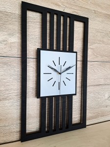 DUŻY, DEKORACYJNY, NOWOCZESNY ZEGAR ŚCIENNY, LAMELE, GEOMETRYCZNY, DO SALONU, MINIMALISTYCZNY, LOFT, HANDMADE, DREWNO, 35 x 60 cm, PIONOWY, CZARNY/ BIAŁY