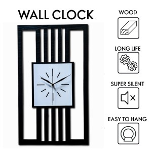 DUŻY, DEKORACYJNY, NOWOCZESNY ZEGAR ŚCIENNY, LAMELE, GEOMETRYCZNY, DO SALONU, MINIMALISTYCZNY, LOFT, HANDMADE, DREWNO, 35 x 60 cm, PIONOWY, CZARNY/ BIAŁY