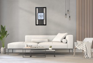 DUŻY, DEKORACYJNY, NOWOCZESNY ZEGAR ŚCIENNY, LAMELE, GEOMETRYCZNY, DO SALONU, MINIMALISTYCZNY, LOFT, HANDMADE, DREWNO, 35 x 60 cm, PIONOWY, CZARNY/ BIAŁY