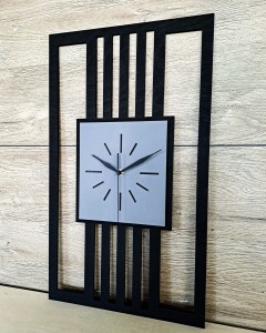DUŻY, MINIMALISTYCZNY, NOWOCZESNY ZEGAR ŚCIENNY, LAMELE, INDUSTRIALNY, GEOMETRYCZNY, DO SALONU, MINIMALISTYCZNY, LOFT, HANDMADE, DREWNIANY, 35 x 60 cm, PIONOWY, CZARNY/ SZARY, CICHY