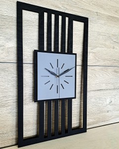 DUŻY, MINIMALISTYCZNY, NOWOCZESNY ZEGAR ŚCIENNY, LAMELE, INDUSTRIALNY, GEOMETRYCZNY, DO SALONU, MINIMALISTYCZNY, LOFT, HANDMADE, DREWNIANY, 35 x 60 cm, PIONOWY, CZARNY/ SZARY, CICHY
