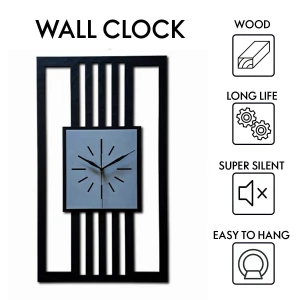 DUŻY, MINIMALISTYCZNY, NOWOCZESNY ZEGAR ŚCIENNY, LAMELE, INDUSTRIALNY, GEOMETRYCZNY, DO SALONU, MINIMALISTYCZNY, LOFT, HANDMADE, DREWNIANY, 35 x 60 cm, PIONOWY, CZARNY/ SZARY, CICHY