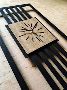 DUŻY, MINIMALISTYCZNY, NOWOCZESNY ZEGAR ŚCIENNY, LAMELE, INDUSTRIALNY, GEOMETRYCZNY, DO SALONU, MINIMALISTYCZNY, LOFT, HANDMADE, DREWNIANY, 35 x 60 cm, PIONOWY, CZARNY/ DĄB SONOMA, CICHY
