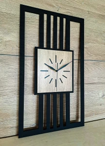 DUŻY, MINIMALISTYCZNY, NOWOCZESNY ZEGAR ŚCIENNY, LAMELE, INDUSTRIALNY, GEOMETRYCZNY, DO SALONU, MINIMALISTYCZNY, LOFT, HANDMADE, DREWNIANY, 35 x 60 cm, PIONOWY, CZARNY/ DĄB SONOMA, CICHY