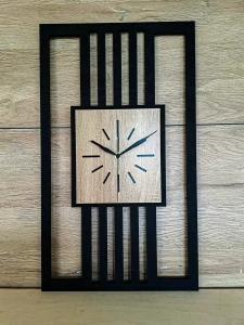 DUŻY, MINIMALISTYCZNY, NOWOCZESNY ZEGAR ŚCIENNY, LAMELE, INDUSTRIALNY, GEOMETRYCZNY, DO SALONU, MINIMALISTYCZNY, LOFT, HANDMADE, DREWNIANY, 35 x 60 cm, PIONOWY, CZARNY/ DĄB SONOMA, CICHY
